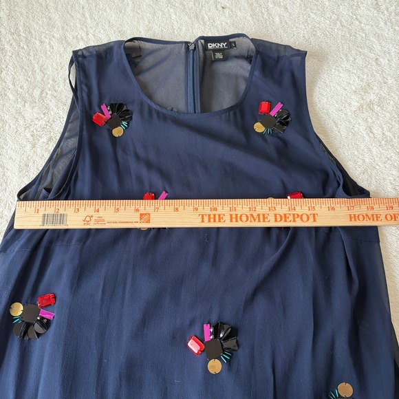 DKNY Sheer Embellished Sheath Silk Midi Dress Women's L Navy Holiday NYE Party - Picture 9 of 11